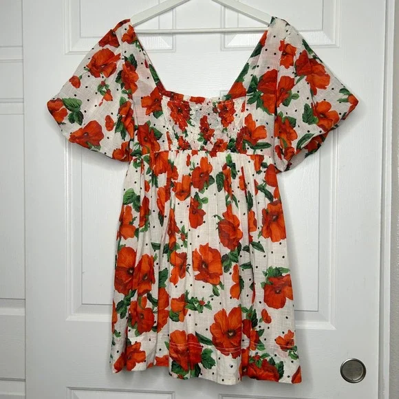 Maeve Anthropologie Mini Dress Floral Print Smocked Short Sleeve Size M - Picture 2 of 8